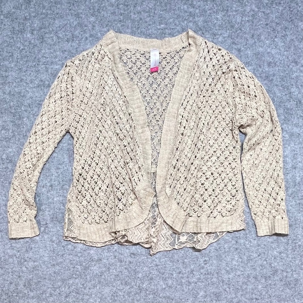 No Boundaries Tan Crochet Lace Peplum Cardigan Natural Beige Junior‎ XL 15-17